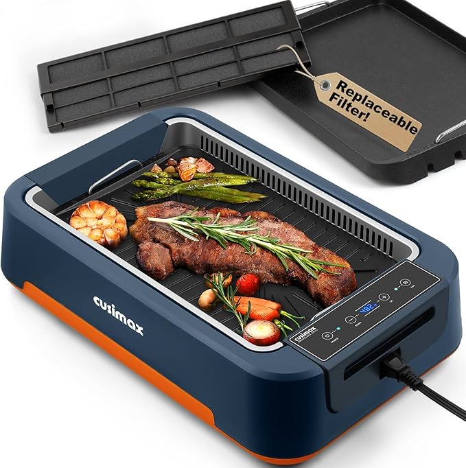 Electric Grill, CUSIMAX Smokeless Indoor Grill & Griddle, Electric Korean BBQ Grill with Turbo Smoke Extractor & REPLACEABLE Filter Sponge, Smart LED Display, Larger Grilling Area, 1500W(New Model)