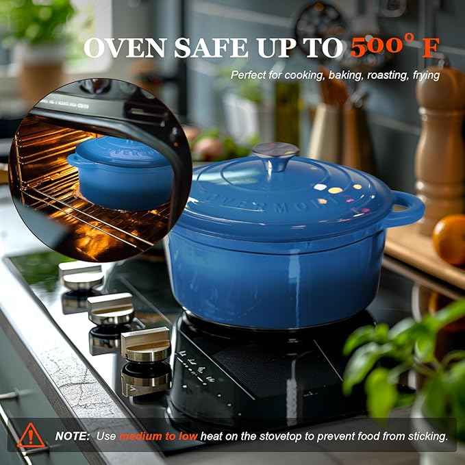 Overmont Enameled Cast Iron Dutch Oven - 7QT Pot with Lid Cookbook & Cotton Potholders - Heavy-Duty Cookware for Braising, Stews, Roasting, Bread Baking blue