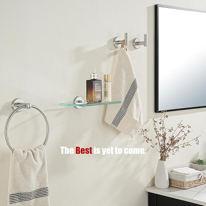 JQK Bathroom Glass Shelf, Tempered Glass Shower Storage 8 by 5 inches, 304 Stainless Steel Brushed Finish Wall Mount, TGS101L8-BN