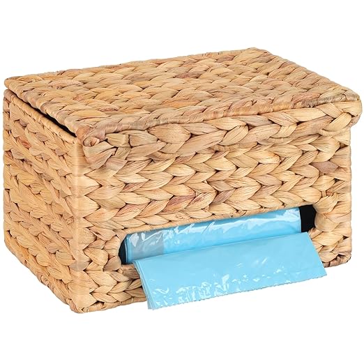 Trash Bag Holder with Scalloped Lid 13–30 Gallon Bags Roll Holder Wall Mount Water Hyacinth Garbage Bag Dispenser for Kitchen, Cabinet (Natural Water Hyacinth)