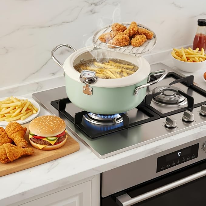 ZOOFOX Deep Fryer Pot with Thermometer, Japanese Frying Pot with Lid and Oil Drain Rack, Non-stick Tempura Fryer Pan for Kitchen French Fries, Chicken, Seafood