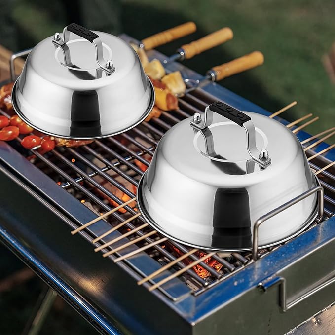3Pcs Basting Cover & Smash Burger Press, Leonyo 12"- 9"- 6.5" Cheese Melting Dome, Stainless Steel Bacon Press Griddle Dome Steam Lids Smash Burger Kit for Kitchen, BBQ Flat Top Grill, Teppanyaki