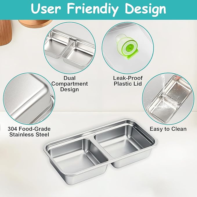Stainless Steel Snack Containers, 6-Pack Reusable Grab and Go Containers with Lids, Dual Compartment Bento Box for Travel, Camping & Lunch Prep (Green)