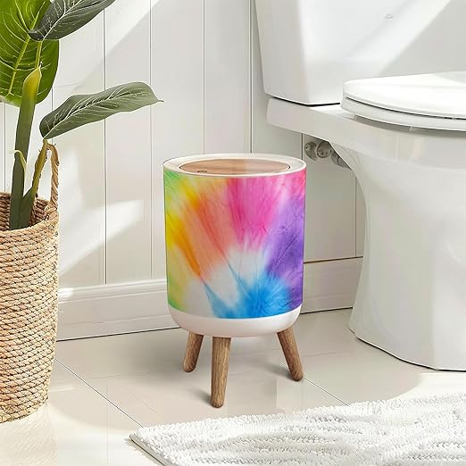 Trash Can with Lid Dye Shibori Trendy Aquarelle Dye Colorful Dye Fabric Press Top Round Small Garbage Bin with Wooden Legs Waste Basket for Kitchen Bedroom Nursery 7L/1.8 Gallon