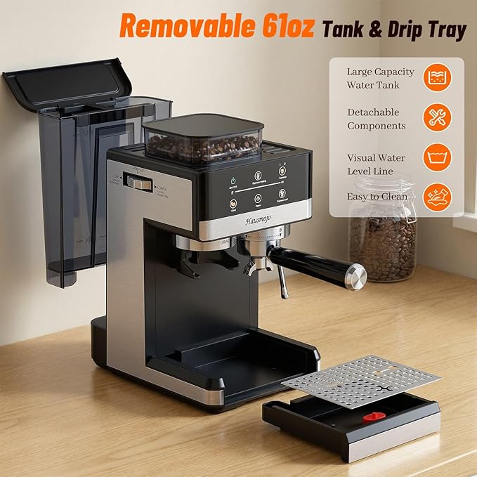 Espresso Machine with Grinder, 20Bar Expresso Coffee Machines with Milk Frother, Professional Compact Stainless Steel Coffee Maker for Espresso, Latte & Cappuccino, Perfect for Home Use