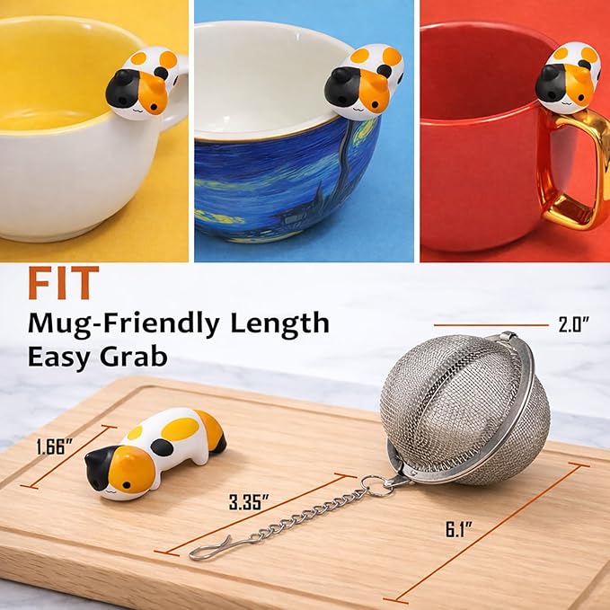 Cute Tea Infuser for Loose Leaf Tea, 304 Stainless Steel Fine Mesh Tea Ball Strainer with Adorable Calico Cat Mug Hook, Easy Lift-Out, Leak-Resistant Closure, Dishwasher Safe, Gift Box