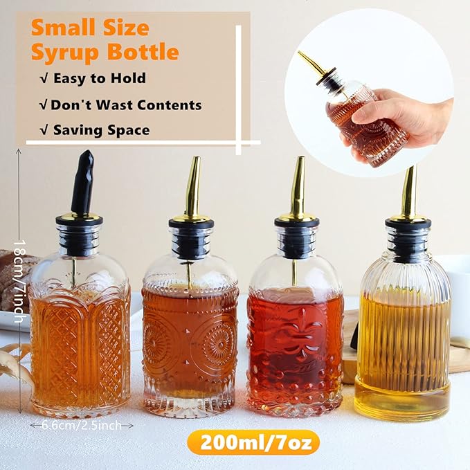 Shining Craft Syrup Dispenser Bottles Set, 4 Pack 7 OZ Bottles With Metal Pour Spout and Labels for Syrups, SC055 (4 Pack)