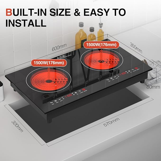 3000w Electric Cooktop, 24" Electric Stove 2 Burner Hot Plate Built-in Double Burner Cooktop with LED Touch Screen,9 Heating 9 Temperature,Kids Lock & Timer,Suitable for all Pans