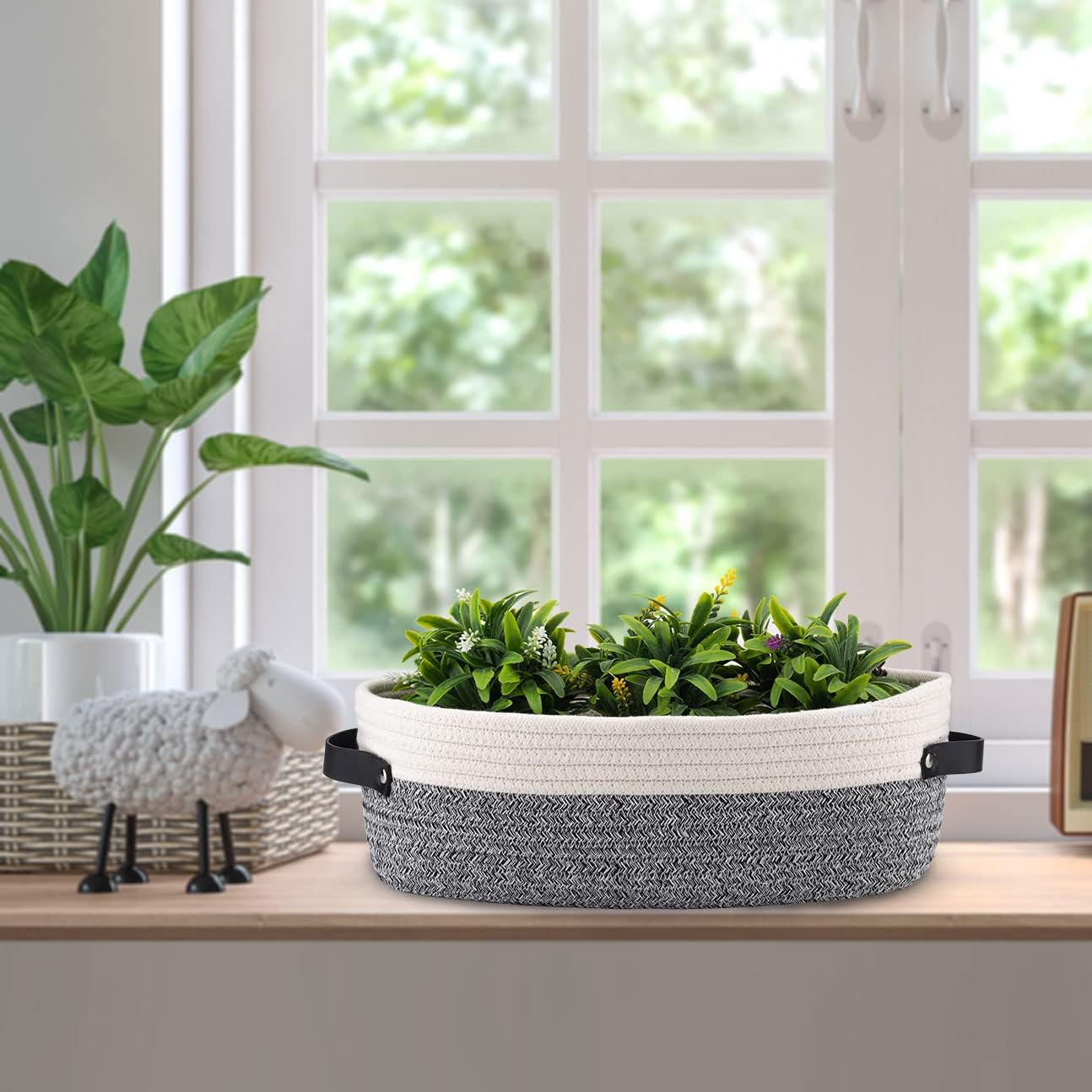 2 Pack Small Cotton Rope Woven Basket Toilet Paper Baskets for Organizing Decorative Basket for Boho Decor Small Storage Basket 13"x5.9"x4" Variegated Gray&White