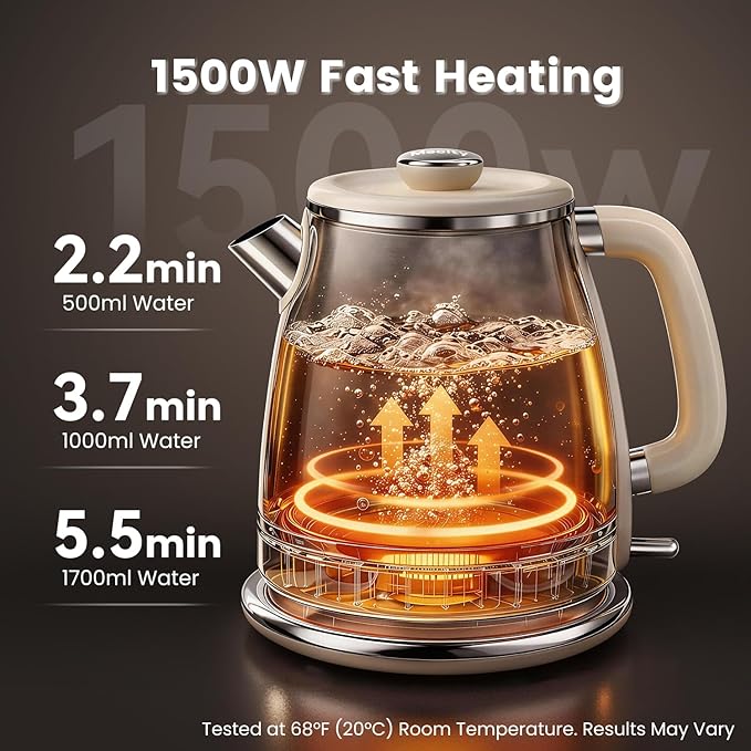 Mecity Retro Electric Kettle 1.7L, Stainless Steel Interior (No Plastic Contact), Double Wall Cool Touch, Fast Boil 1500W, Thermometer (°F/°C), Removable Lid, Wide Opening Easy Cleaning, 120V, Cream