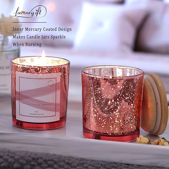 LAMORGIFT 15 Pack Empty Candle Jars With Lids (8oz, Rose Gold) - Making Containers Include 20 Pcs Labels - Mercury Glass Jars