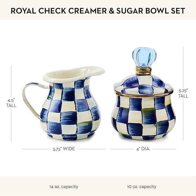 MACKENZIE-CHILDS Enamel Creamer and Sugar-Bowl Set, Cream Dispenser and Sugar Holder, Unique Kitchen Decor, Blue-and-White Royal Check