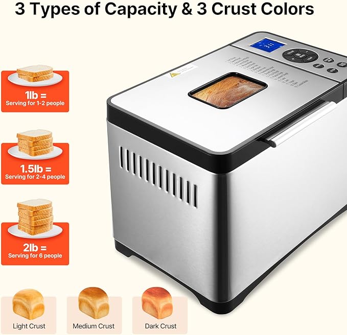 Happybuy Bread Maker, Dough Machine(19-in-1 2LB), Nonstick Ceramic Pan Automatic Breadmaker with Gluten Free Setting, Whole Wheat Bread Making, Digital, Programmable, 3 Loaf Sizes, 3 Crust Colors