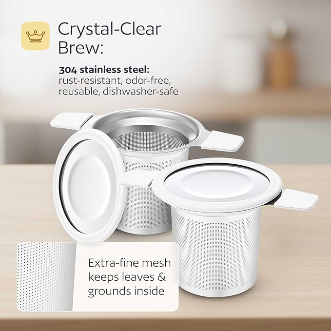 Stainless Steel Tea Infuser for Loose Leaf Tea – Extra Fine Mesh Strainer with Heat Proof Double Handles & Lid, Reusable Filter Fits Mugs, Cups & Teapots, White