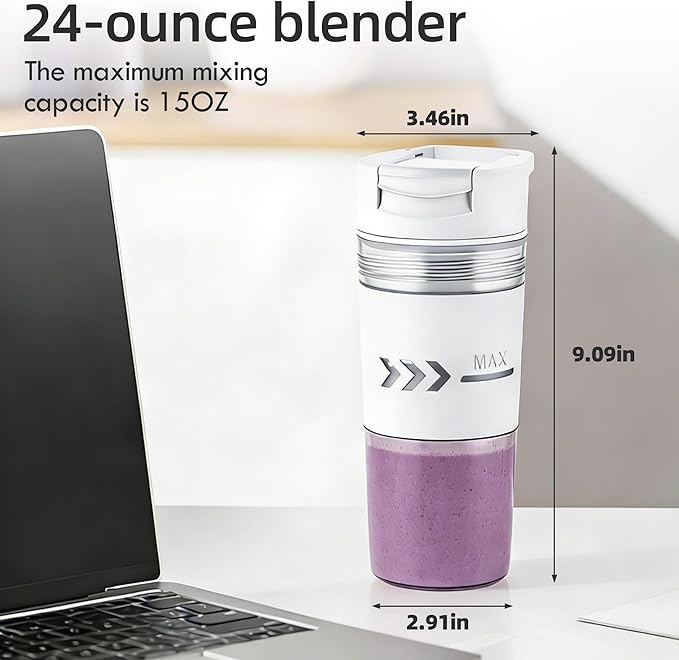 Portable Blender, Cordless, 24 oz Personal Blender - Small Shakes and Smoothie Maker,Mother‘s Day, BPA Free,USB-C Rechargeable (White), Great Gift-Women,Gym Goers,Office Workers & Smoothie Lovers