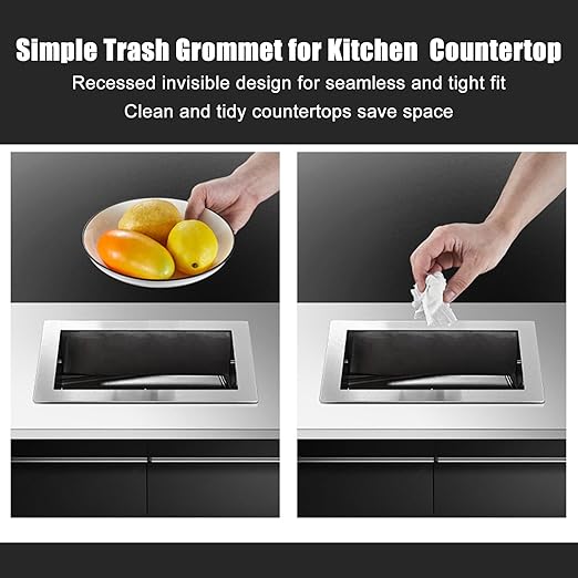 Embedded Countertop Trash Can, Stainless Steel Kitchen Trash Can, Built-in Countertop Trash and Waste Chute, Square Built-in Countertop Trash Can Grommet,Black Trash can Grommet