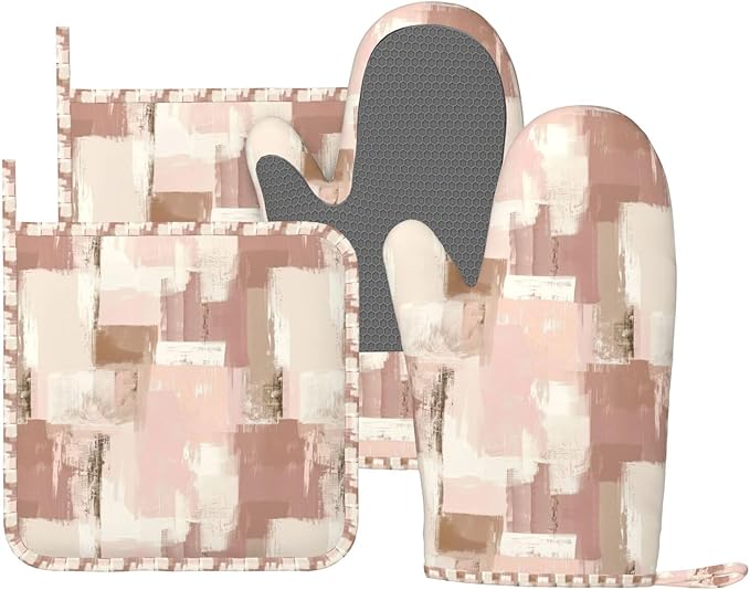 Oven Mitts and Pot Holders Set, Modern Art Dusty Pink Abstract Silicone Kitchen Accessories 4 Piece Heat Resistant Long Gloves Potholder Non-Slip Grip for Chef Cooking Baking Grilling BBQ