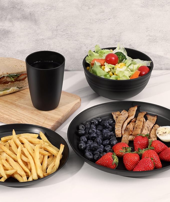 Quatish 16 Piece Plates and Bowls Sets for 4, Unbreakable Dinnerware Sets, Dish Set for Camping, Dishwasher Microwave Safe, Outdoor Kitchen and Apartment Dinning RV Essentials, Black