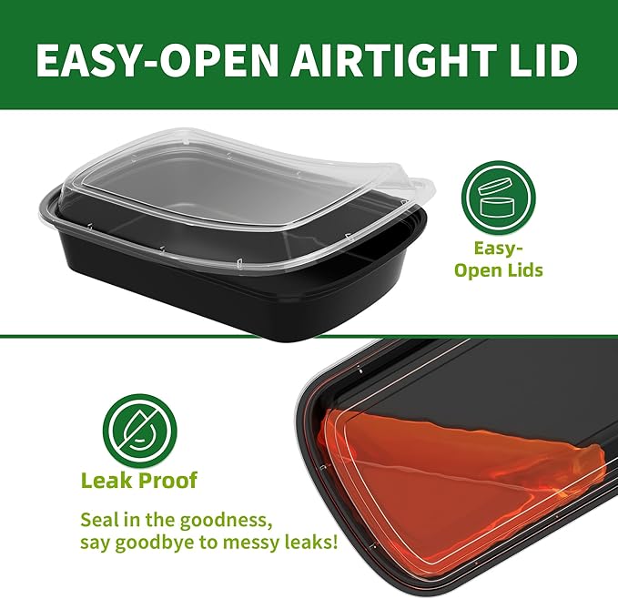 Meal Prep Containers, 50 Pack 24oz (100-Piece) Disposable Take Out Food Storage Containers with Leakproof Lids, Reusable Plastic To Go Lunch Boxes, BPA Free, Microwave/Dishwasher/Freezer Safe