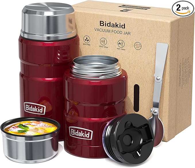 Insulated Food Jar Set – 25.4oz & 17oz Stainless Steel Containers with Folding Spoon and Carrying Bags – Leak-Proof, Keeps Food Hot or Cold for up to 12 Hours – Ideal for Work, School, Travel