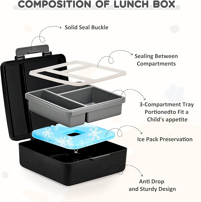 Pawtong Lunch Box Set with Bento Box Container, 17OZ Stainless Steel Food Soup Thermo, Kids Water Bottle & Portable Insulated Lunch Bag – Leakproof, Hot/Cold Retention for School, Travel (Black-Game)