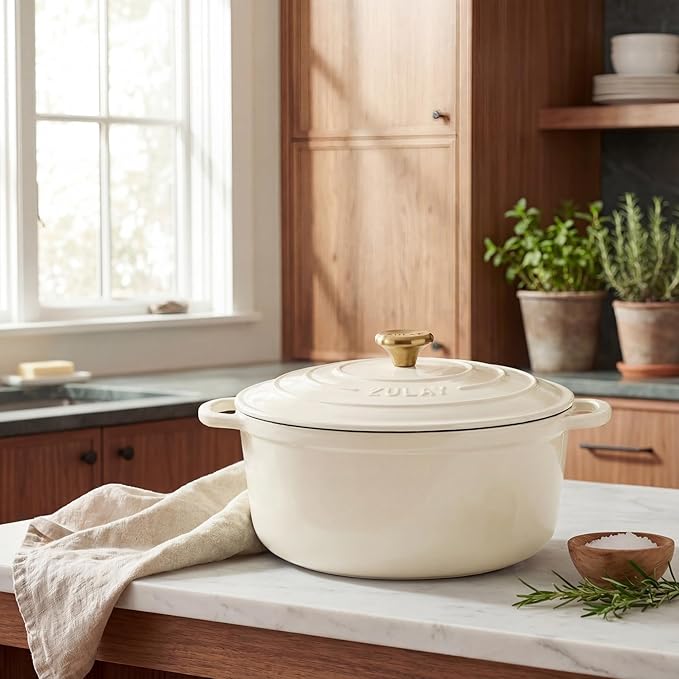 Zulay Kitchen 5 Quart Enameled Cast Iron Dutch Oven Pot with Lid – Premium Durability & Oven Safe up to 500°F – Heavy Duty Cookware Perfect for Bread Baking, Stews, Braising & Roasting – Ivory