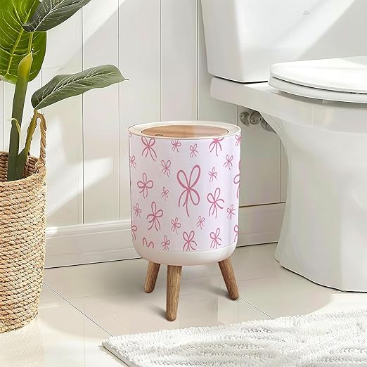 Trash Can with Lid Seamless Pink Ribbon Bow Press Top Round Small Garbage Bin with Wooden Legs Waste Basket for Kitchen Bedroom Nursery 7L/1.8 Gallon