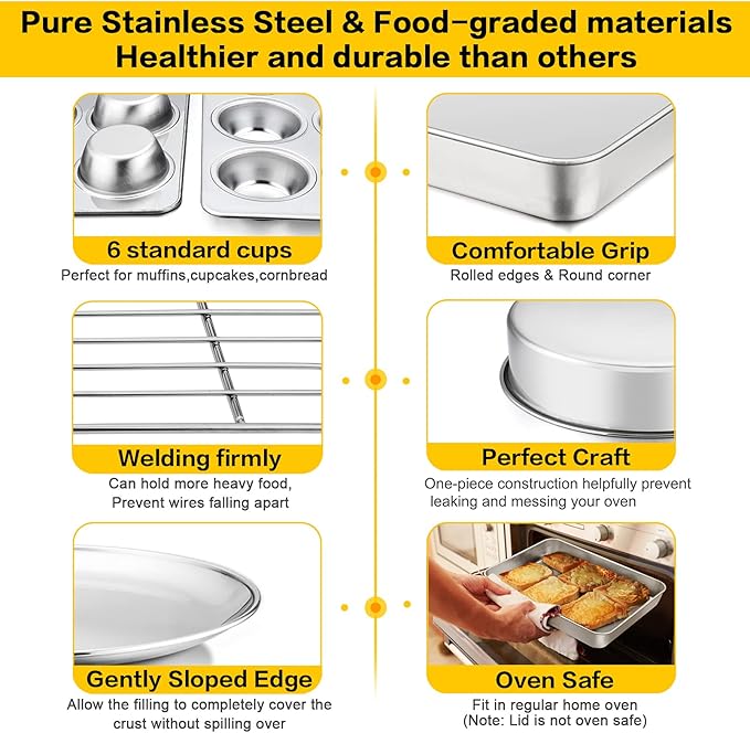 Bakeware Sets, P&P CHEF 9-Piece Stainless Steel Baking Pans Set, Round/Square Cake Pan, Toaster Oven Pan, Lasagna Pan, Loaf Pan, Pizza Pan, Muffin Pan, Dishwasher Safe & Durable, Healthy & Non-toxic