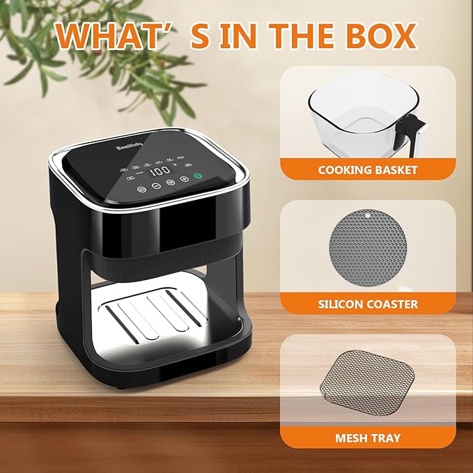 Glass Air Fryer 4.5 Qt, Non-Toxic Borosilicate Glass Basket with 360° View, Upgraded Food-Grade Stainless Steel Tray, 8-in-1 One-Touch Presets, Teflon-Free & Dishwasher Safe, Black