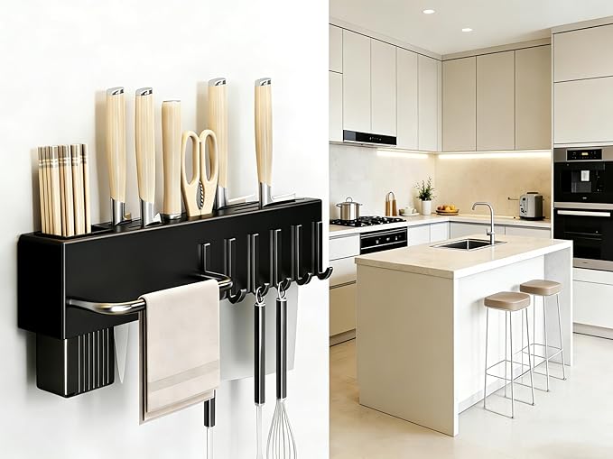 SEIDO Carbon Steel Utensil Rack – Space-Saving 12" L Kitchen Organizer with hooks & hanging bar, Matte Black Knife Holder, 2 Installation Options (Adhesive/Screwed)