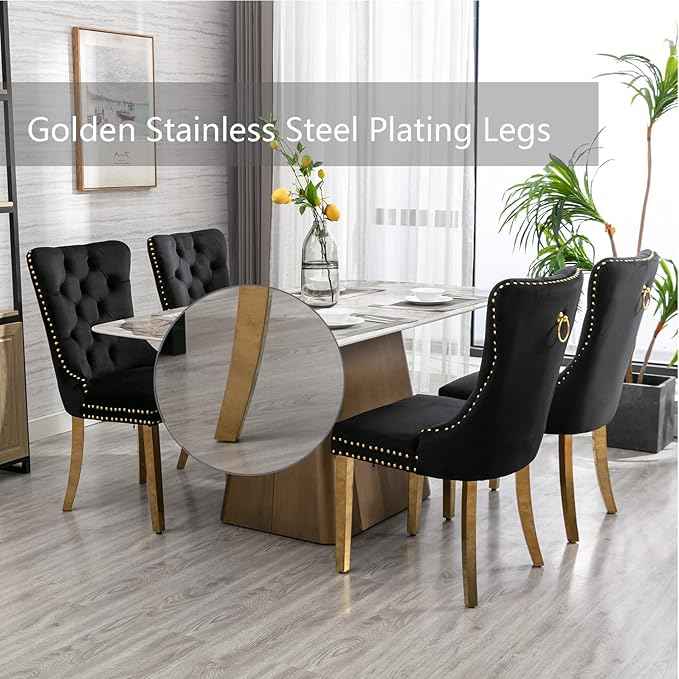 Black Dining Chairs Set of 6,Velvet Upholstered Dining Room Chairs with Back Ring Pull Trim and Golden Stainless Steel Legs,Modern Dining Chairs Perfect for Dining Room,Kitchen(Black)