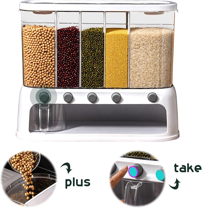 ETOYA Dry Food Dispenser, Wall mounted 5 Grid Cereal Dispenser,Rice dispenser 25 pounds Kitchen Storage with Measuring Cup for Kitchen, Pantry, Restaurant & Bulk Food