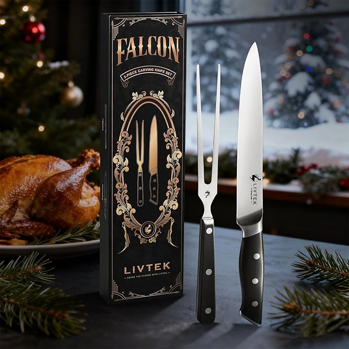 Livtek Carving Knife Set - Razor-Sharp German Stainless Steel - Ergonomic Handle & Full Tang Design - for Slicing Roast, Turkey, Ham, BBQ - 8 Inch Knife & 7 Inch Fork - Thanksgiving Gift