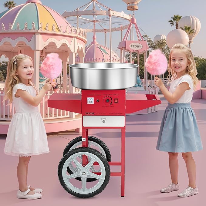 VEVOR Electric Cotton Candy Machine with Cart, 1000W Commercial Candy Floss Maker with 20.5 in Stainless Steel Bowl, Sugar Scoop, and Drawer, Easy to Use, for Home, Kids Birthday, Family Party, Red