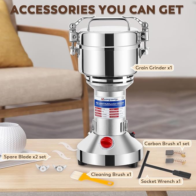Moongiantgo 500g Grain Grinder with 4 Pairs of Carbon Brushes and Carbon Brush Caps
