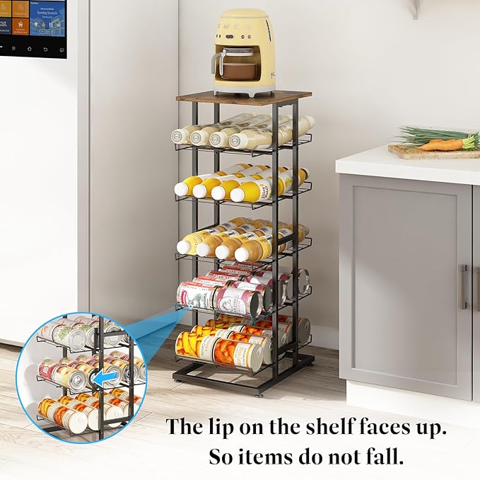 GILLAS 6 Tier with Wooden Top Water Bottle Storage with Wooden Tabletop,Metal Beverage Can Rack,Large Capacity Bottled Rack Water Bottle Holder Stand for Cabinet,Countertop Kitchen,Party,Black