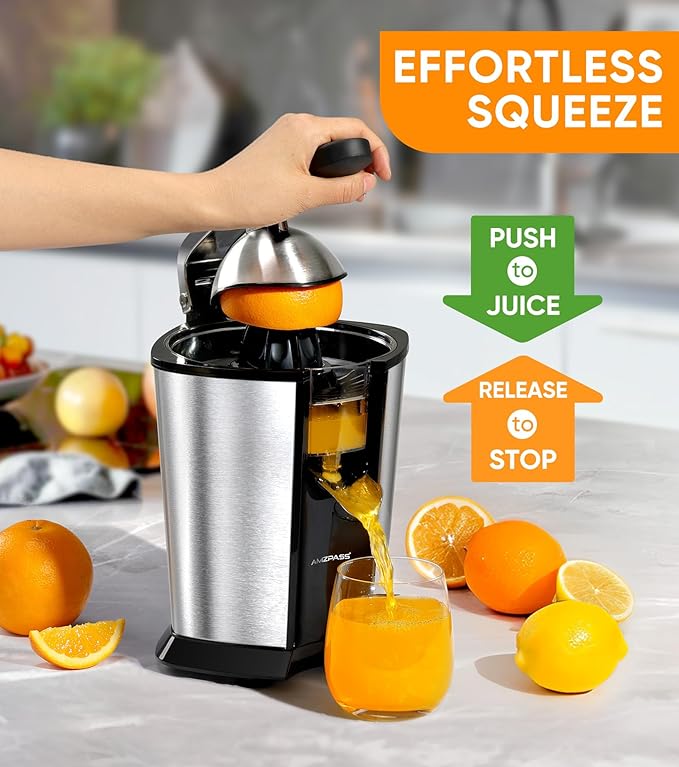 Electric Orange Juicer, Citrus Juicer Squeezer with 2 Cones and Soft Grip Handle for Effortless Juicing, Stainless Steel Quiet Orange Juice Extractor Machines for Lime Grapefruit Lemon