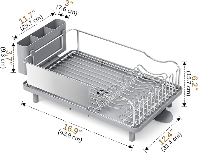 Dish Drying Rack Large Capacity - Stainless Steel Dish Rack for Kitchen Counter with Drain Board, Rustproof Dish Drainer with Auto Drain Spout Utensil Holder Glass Holder, Dinnerware Organizer, Gray