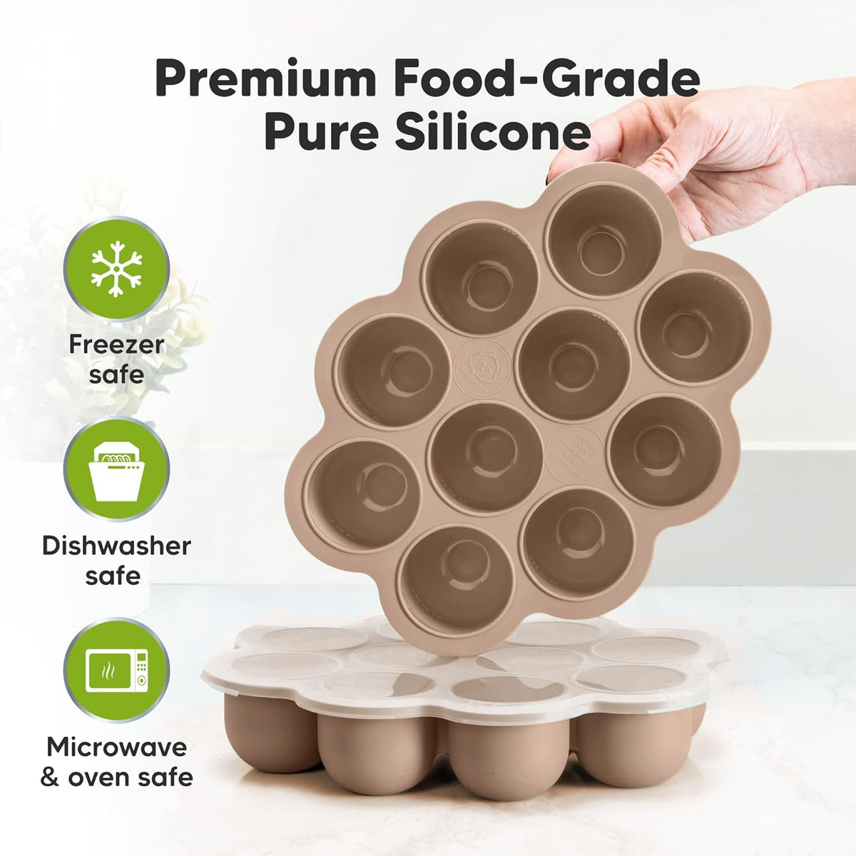 KeaBabies Silicone Food Freezer Trays with Lid, 2oz x 10 Pods Baby Food Storage Containers, Easy Puree Meal Prep, Breast Milk Silicone Freezer Molds, Dishwasher, Microwave Safe,BPA-Free(Chai Latte)