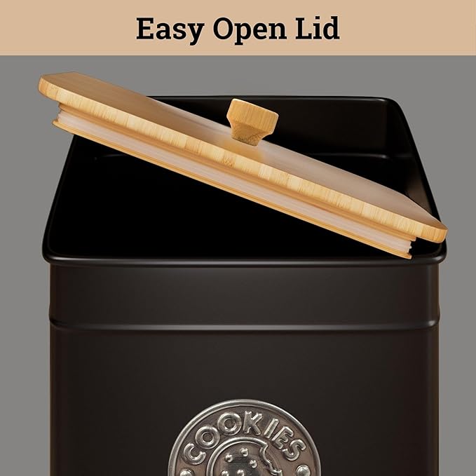 Cookie Jar with Airtight Lid - 1 Gallon - 6"D x 8"H Black Iron Cookie Tin with Bamboo Lid - Large Cookie Jars with Lids Airtight - Farmhouse Cookie Jars for Kitchen Counter Decorative - Cookies Jar