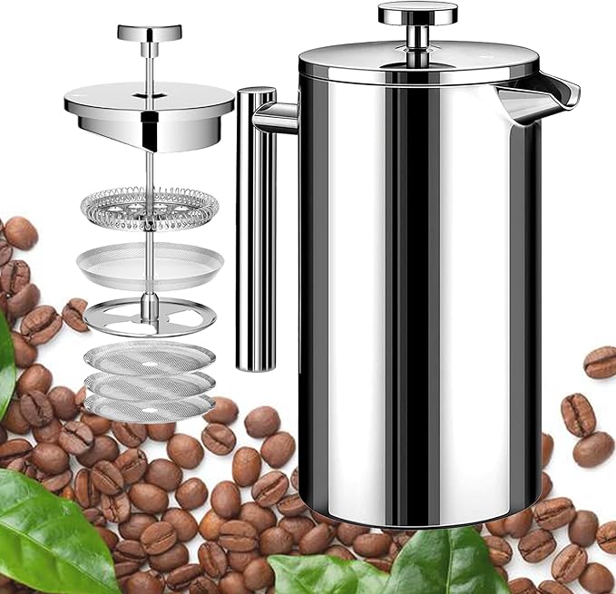 Large French Press Coffee Maker 50oz (1.5L), 304 Stainless Steel Double Wall Insulated Coffee Press for Camping, Backpacking, Party, Travel, Gift Set, Dishwasher Safe (Silver, 6-8 Cups)