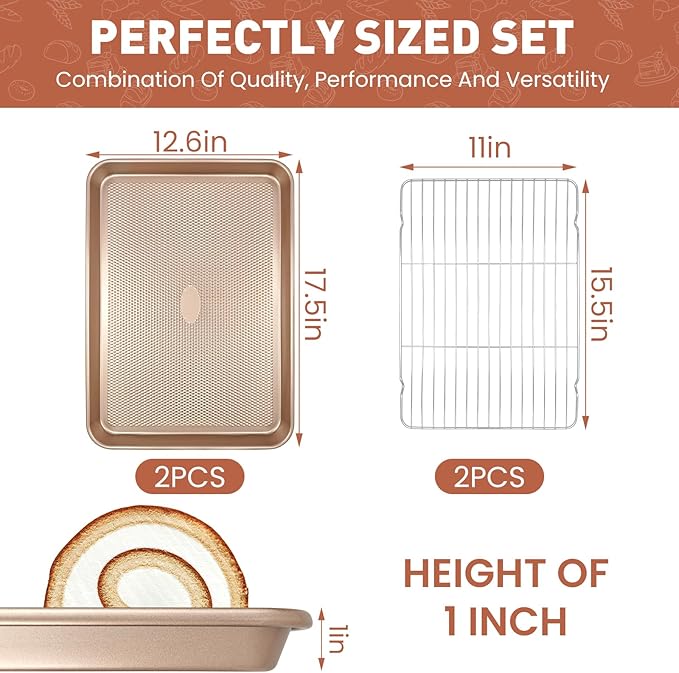 Baking Sheet with Wire Rack Set, 2 Sheet Pans(17.5'' X 11.8'') with 2 Cooling Racks, Thickened Nonstick Cookie Sheet for Baking, Carbon Steel Baking Pan