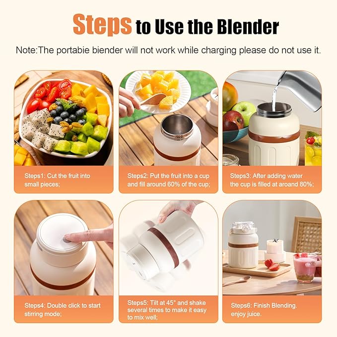 Kawu Portable Blender, 27oz Personal Smoothies Blender with Stainless Steel Inner, Cordless Electric Shake Maker, USB Rechargeable, BPA Free, Travel Bottle for Smoothie, Jucie