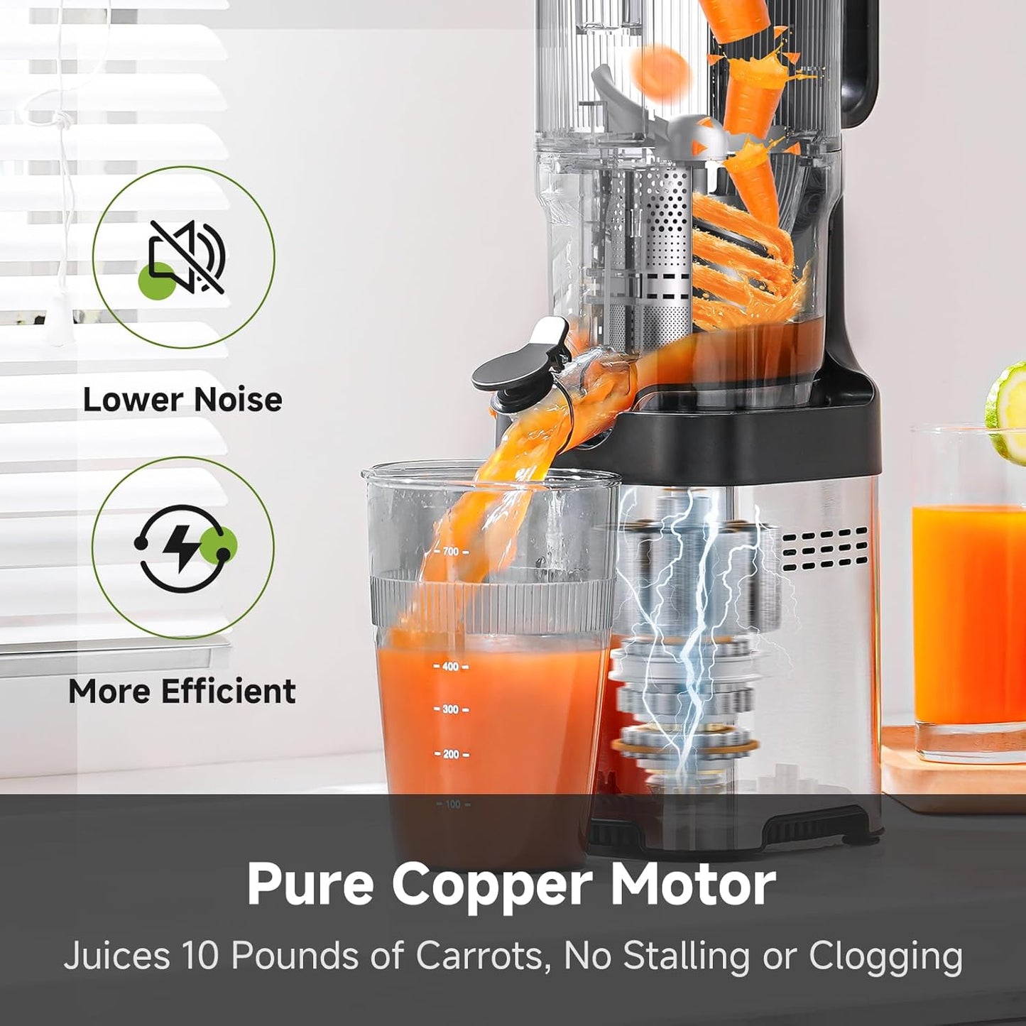 AMZCHEF Cold Press Juicer, 5.4" Juicer Machines with Large Feed Chute for Whole Fruits & Vegetables, Stainless Steel Juice Extractor with Large Auger, Triple Strainers, Easy Cleanup & Assembly