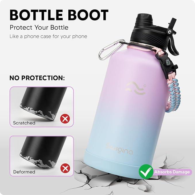 Swigina [2-IN-1 LID] 64 oz Insulated Water Bottle with Silicone Boot (48hrs Cold/24hrs Hot) - DIY Stickers, Leakproof, BPA Free, Half Gallon