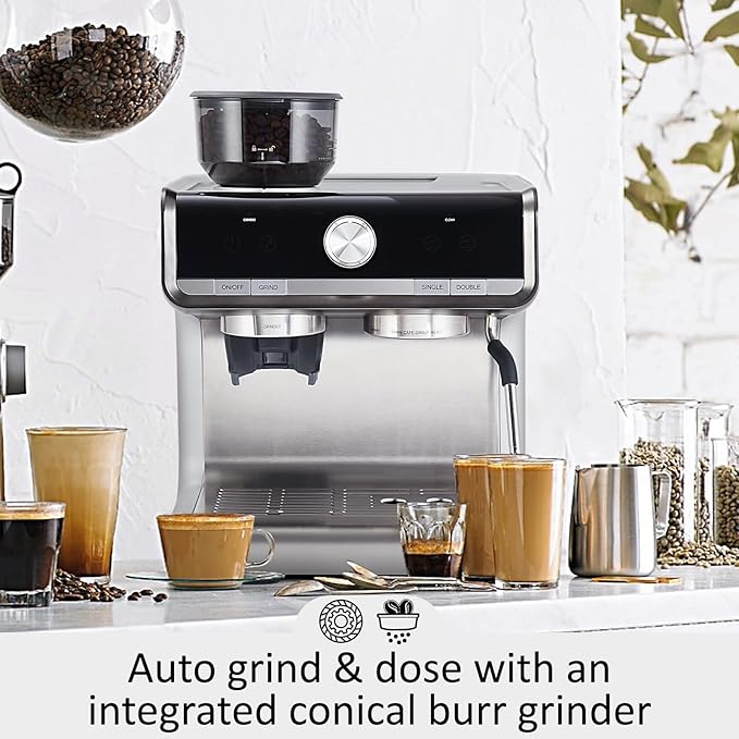 GarveeHome Espresso Machine With Grinder, 20 Bar Semi-Automatic Espresso Coffee Maker With Milk Frother Steamer Wand Cappuccino Latte Macchiato, 95 oz Water Tank, Pid Temperature Control-Silver
