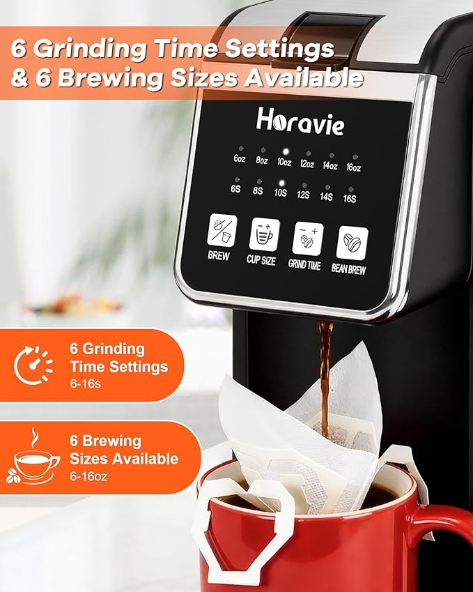 Horavie Single Serve Coffee Maker with Built-in Grinder, Fast Brew 6-16oz Single Cup for Whole Beans, Grounds, K Pod, Grind and Brew Coffee Maker with 47oz Water Tank, Descaling Alert, Black