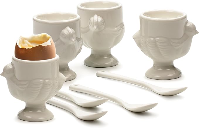 RSVP International Kitchen Accessories Collection Soft Boiled Egg, White Porcelain, Cup & Spoon Set, 8 Piece