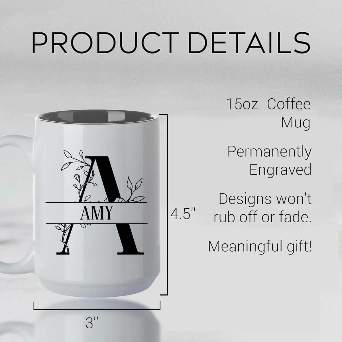 Personalized Coffee Mug - 15oz Engraved Mug with Custom Text & Name, Initials Monogram Tea Cup Gifts for Men & Women, Birthdays, Mother's Day, Anniversary, Customized Coffee Cup, Tazas Personalizadas