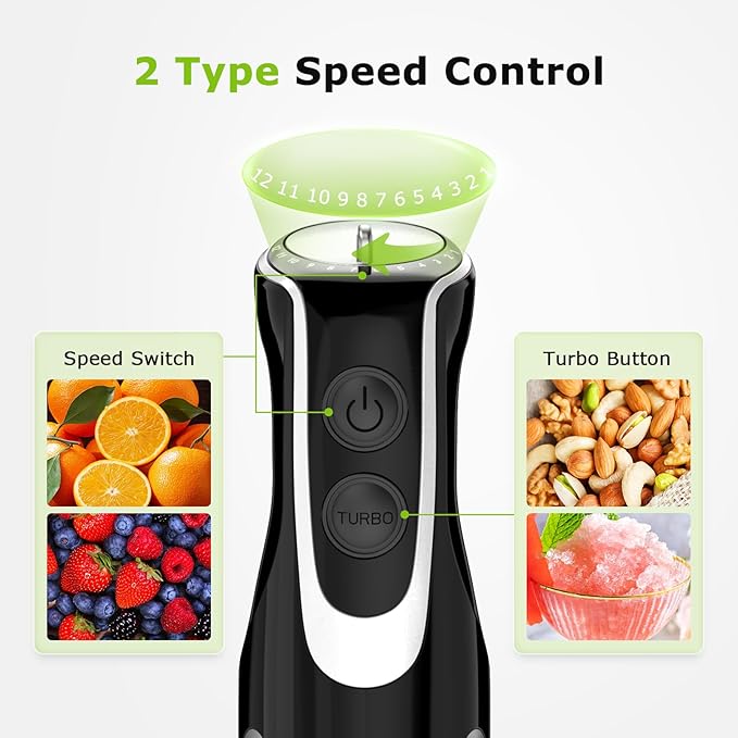 Bonsenkitchen 4-in-1 Immersion Blender Handheld with Food Processor, 12 Speeds Hand Blender with Turbo Mode, Stainless Steel Blade, Egg Whisk, Beaker & Chopper Bowl, Stick Mixer for Smoothie, Puree